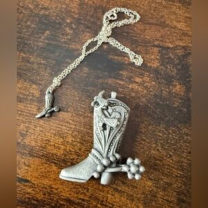 Silver Cowboy Boot Pendant Necklace earrings and brooch